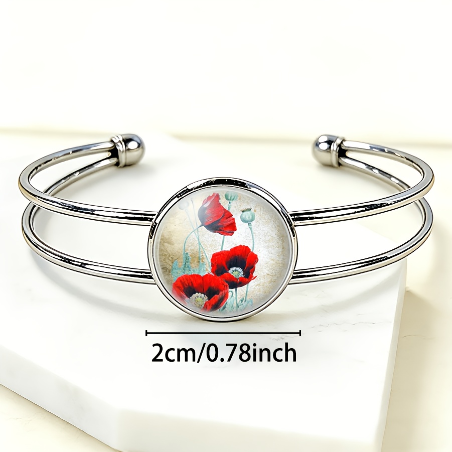 Women's Adjustable Open Bangle with Round Time Gemstone Inlay, Floral Design
